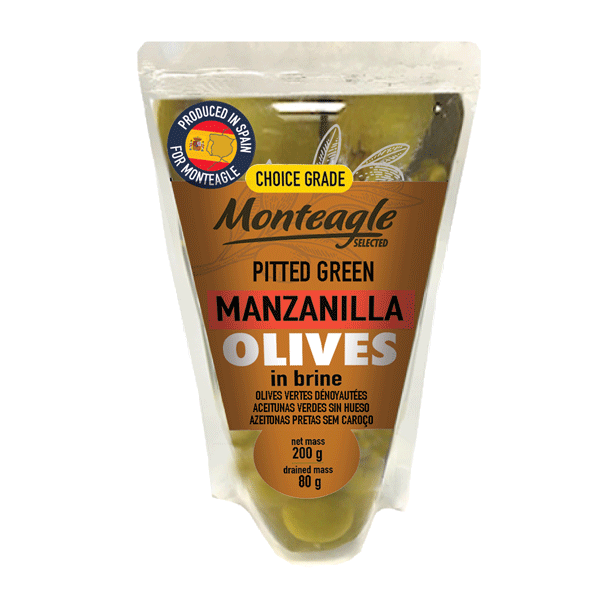 spanish pitted green manzanilla olives in brine doy pack g monteagle brand simpplier