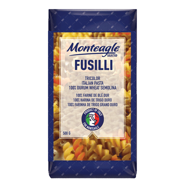 italian pasta tricolor fusilli durum wheat block bottom bag g monteagle brand simpplier