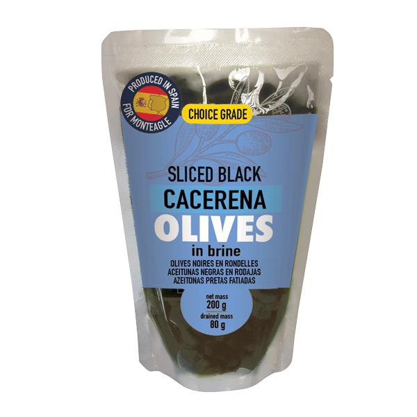 spanish sliced black cacereña olive in brine doy pack g monteagle brand simpplier